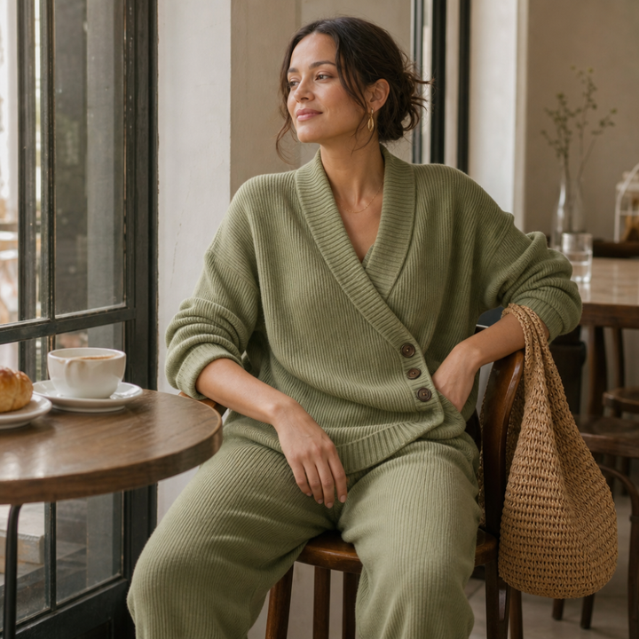 Olivea – Ribbed Wrap Top And Wide-Leg Pants Set