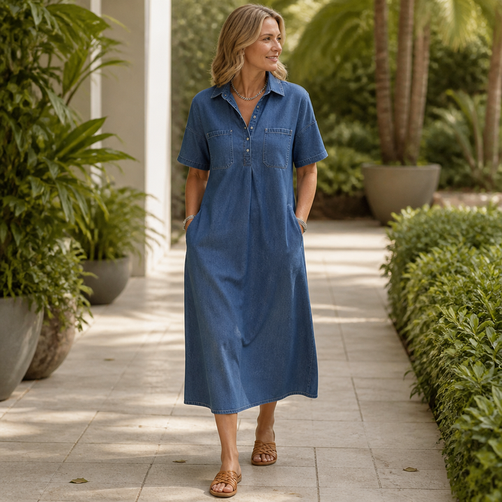Denimly – Pocketed Shirt Collar Denim Midi Dress
