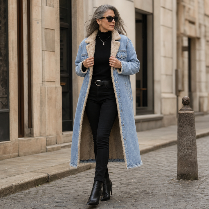 Denora – Sherpa-Lined Full-Length Denim Coat