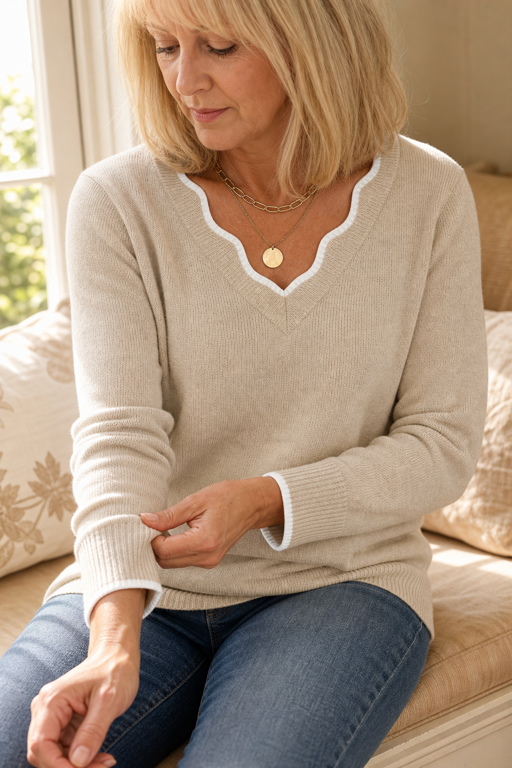 Wearbella – Wavy-Trim V-Neck Knit Top