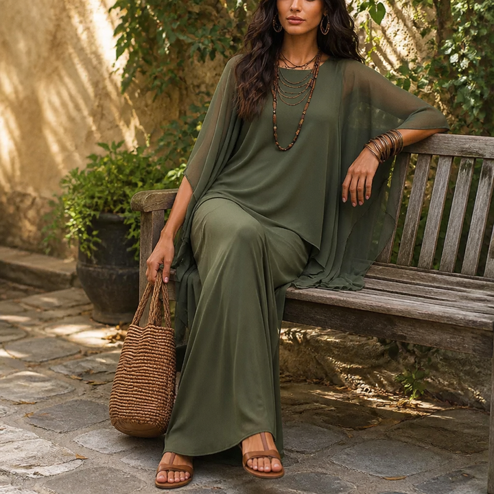 Draperie – Cape Sleeve Asymmetric Hem Maxi Dress