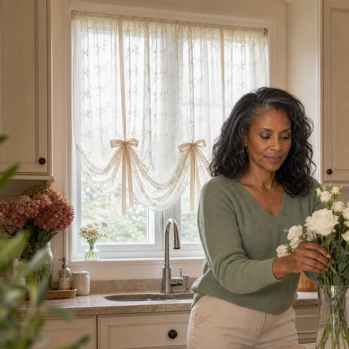 Wisplin – Embroidered Floral Tie-Up Sheer Curtain