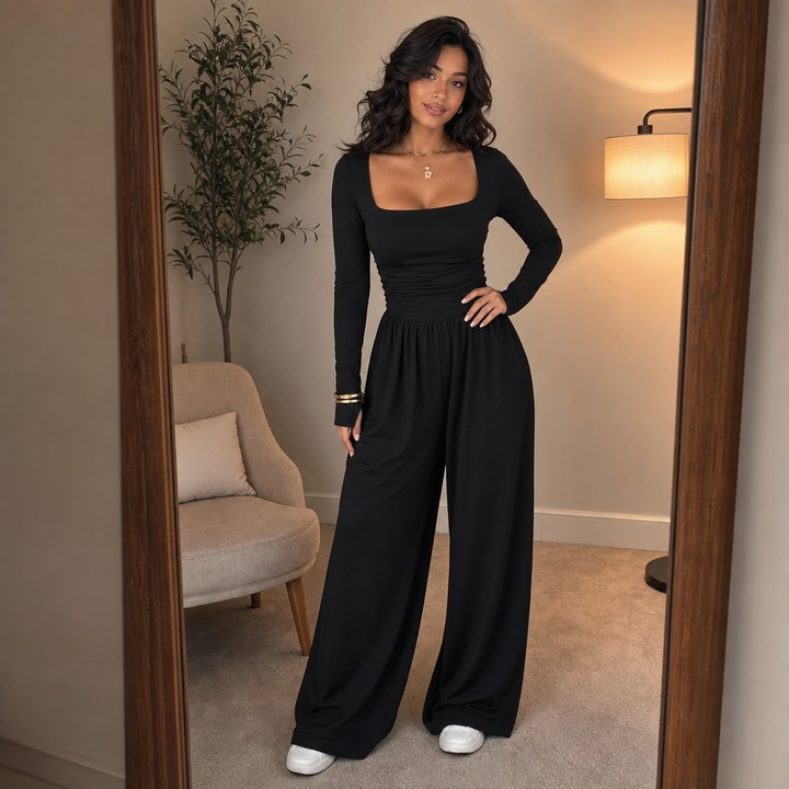 Wearbella – Ruched Waist Square Neck Wide-Leg Jumpsuit