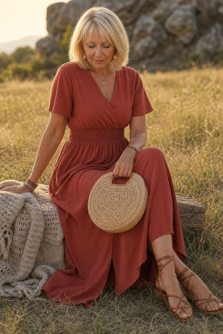 Lunetta – Button-Front V-Neck Side Slit Maxi Dress