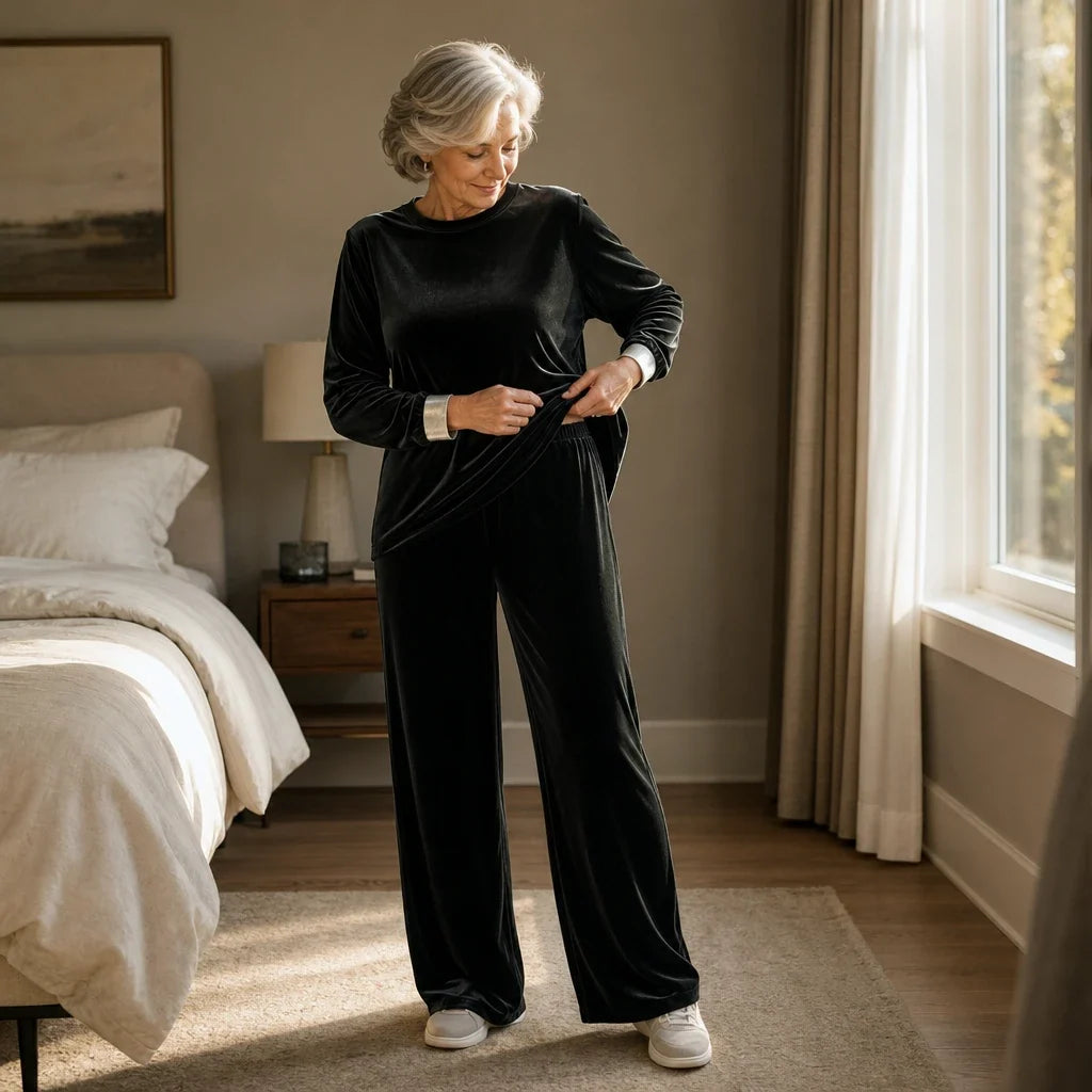 Veloura – Velvet-Look Long-Sleeve Top And Wide-Leg Pants Set