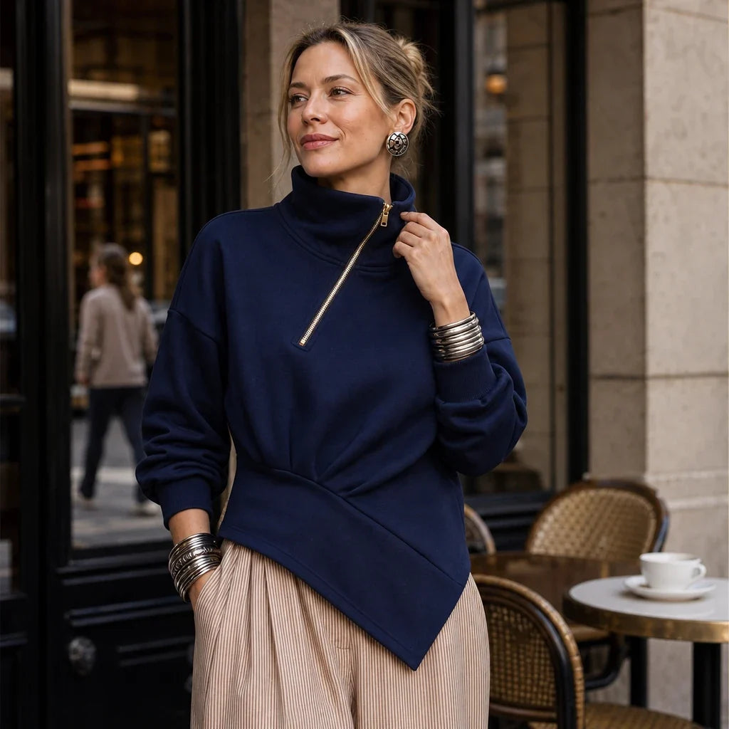 Velaire – Asymmetric Diagonal-Zip High-Neck Sweatshirt