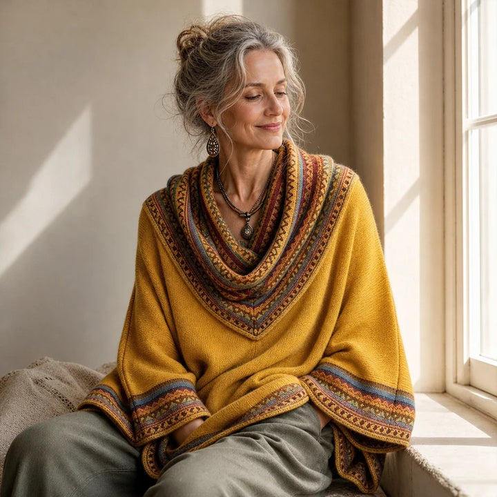 Cowl & Clover – Geometric Cowl-Neck Knit Poncho Top