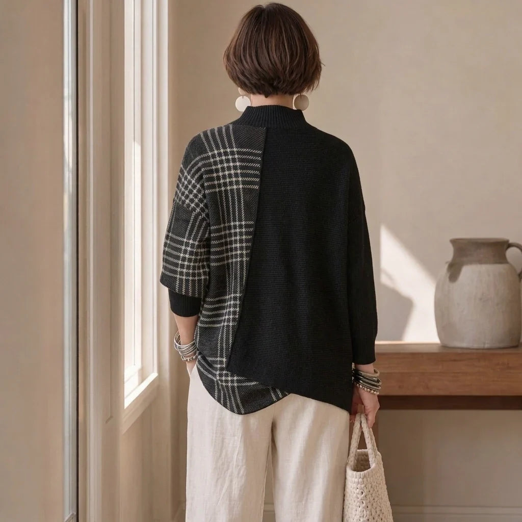 Plaidelle – Asymmetrical Plaid Panel Knit Sweater