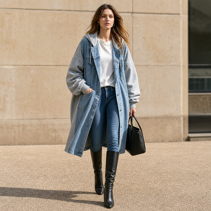 Denimova – Washed Denim-Look And Hooded Sweatshirt Jacket