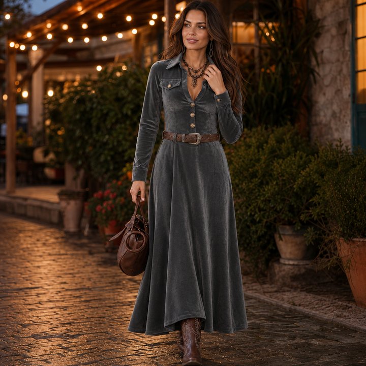Vena – Button-Front Velvet-Look A-Line Maxi Dress