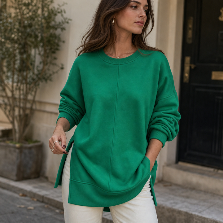 Verdant Ease – Drop Shoulder Side-Slit Sweatshirt