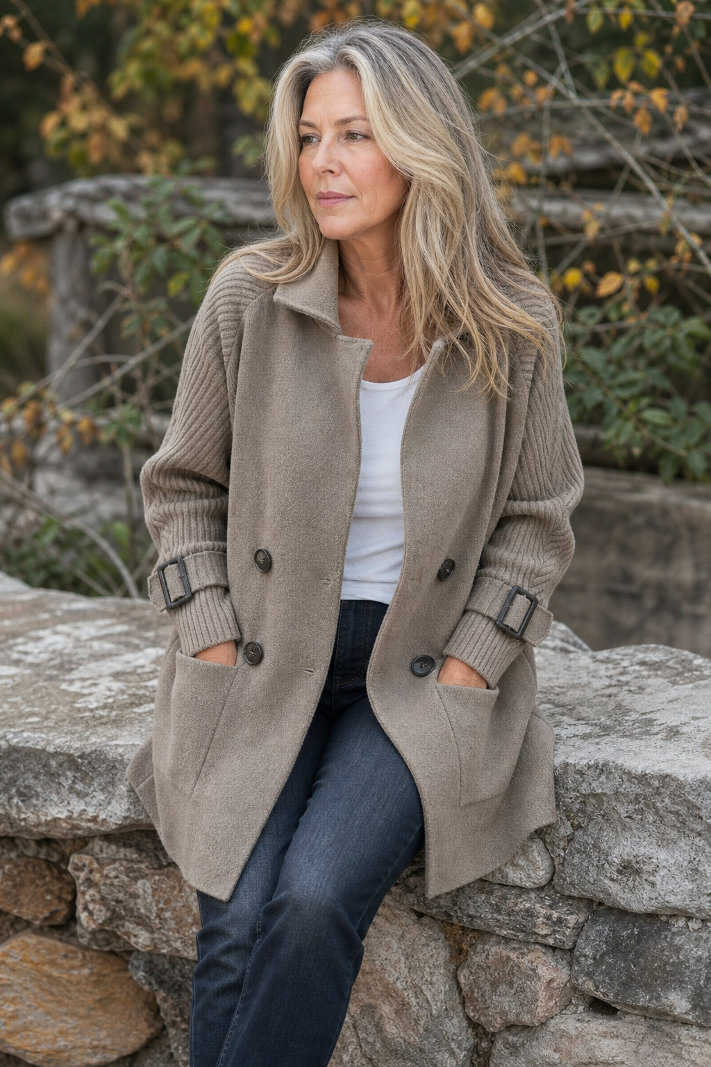 Isola – Cable-Knit Sleeve Double-Breasted Longline Coat