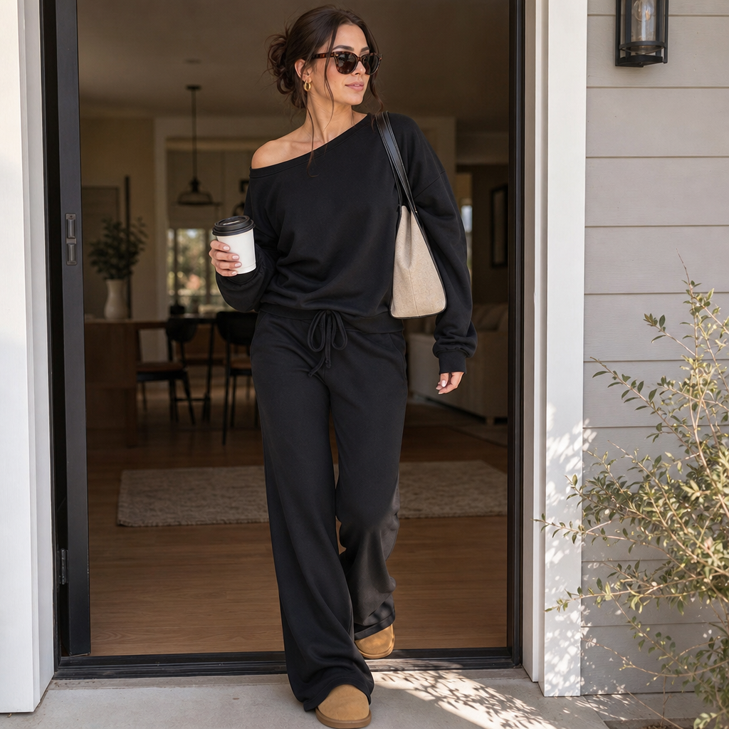 Line & Leisure – Contrast-Piped Wide-Leg Lounge Set