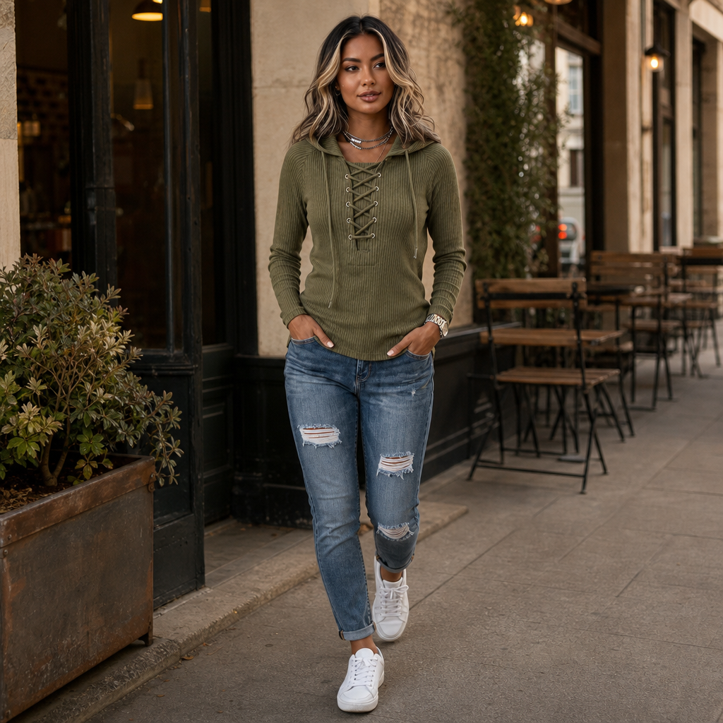 Lacevie – Ribbed Knit Lace-Up Front Hoodie, Long Sleeve Pullover For Women