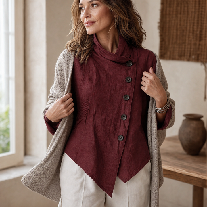 Linvella – Diagonal Button-Front High-Low Top