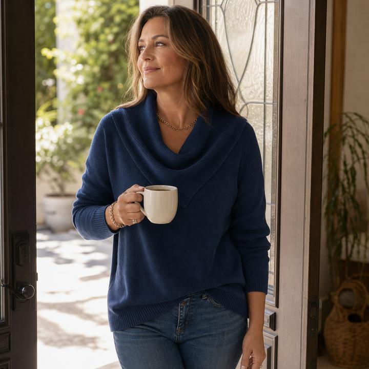 Collarvie – Draped Open-Collar Cowl Neck Sweater