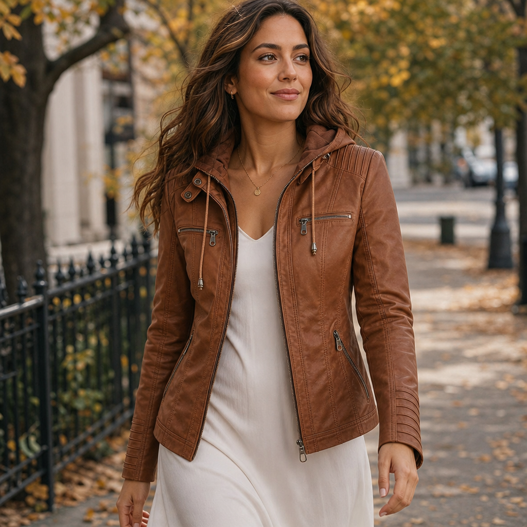 Flavia – Fitted Hooded Moto-Style Jacket