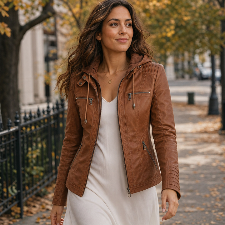 Flavia – Fitted Hooded Moto-Style Jacket