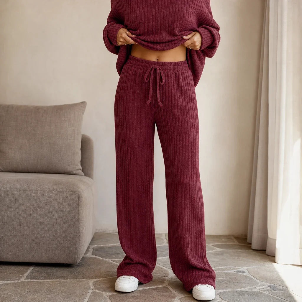 Softhaven – Ribbed Drop-Shoulder Sweater And Wide-Leg Pants Set