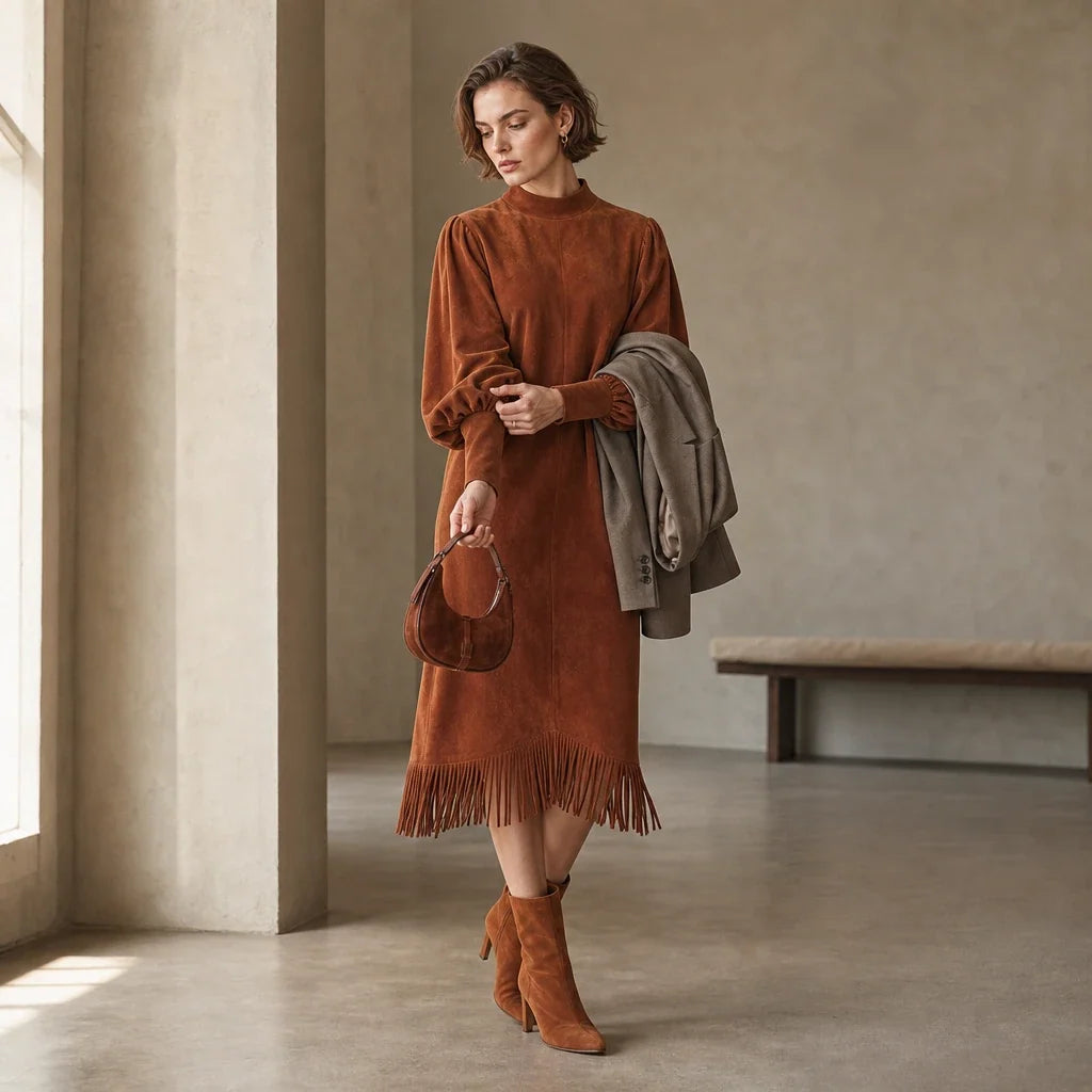 Suede Serenade – Faux Suede-Look Lantern Sleeve Fringe Midi Dress