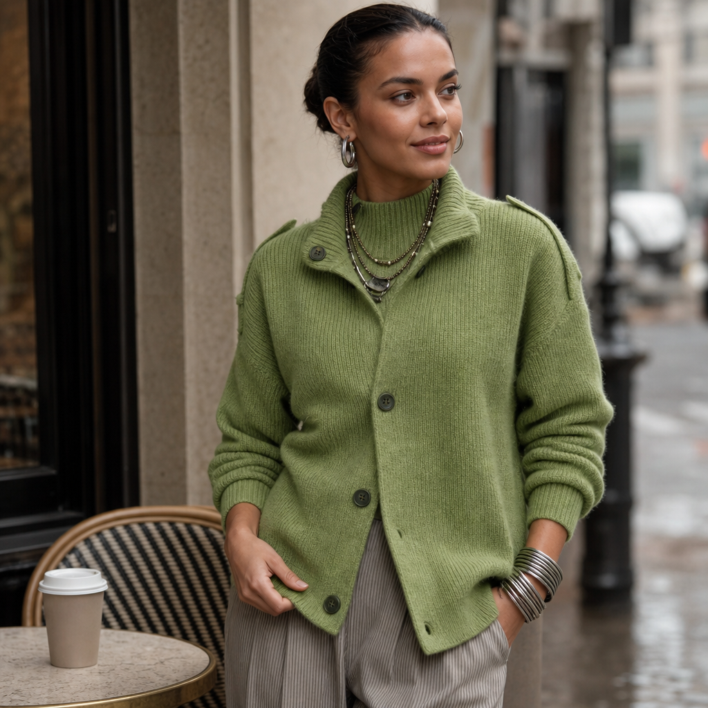 Diavelle – Diagonal Button High-Collar Knit Cardigan