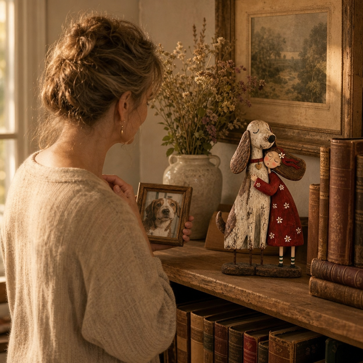 Wearbella – Distressed Resin Girl Hugging Pet Figurine