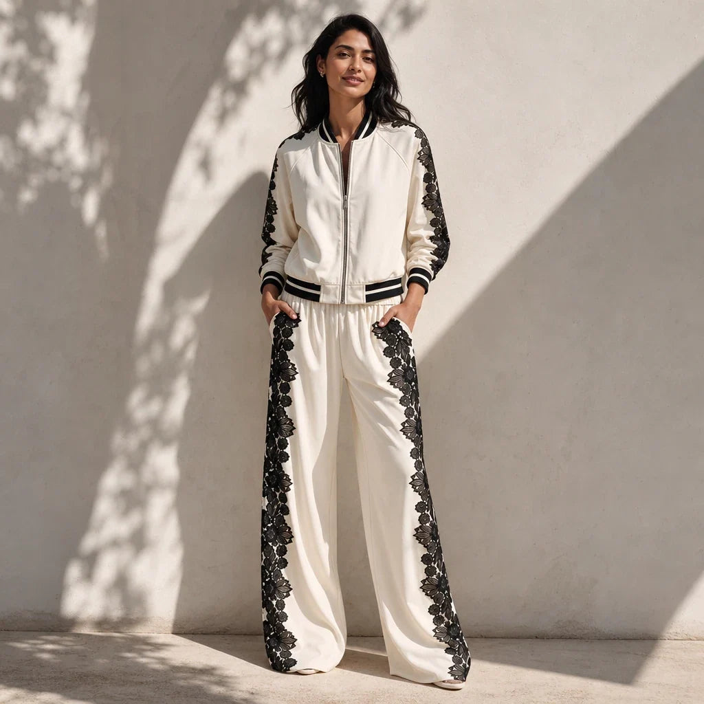 Lace & Leisure – Floral Lace Panel Track Jacket And Wide-Leg Pants Set