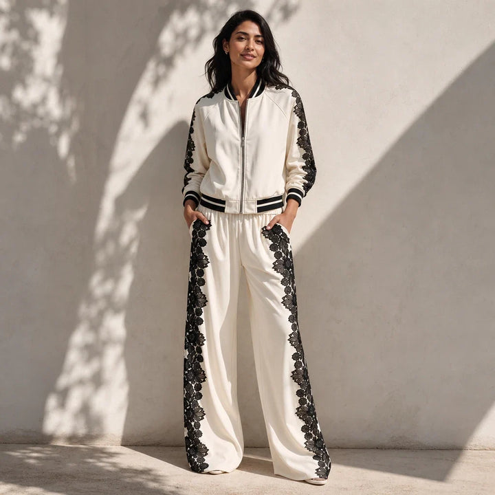 Lace & Leisure – Floral Lace Panel Track Jacket And Wide-Leg Pants Set