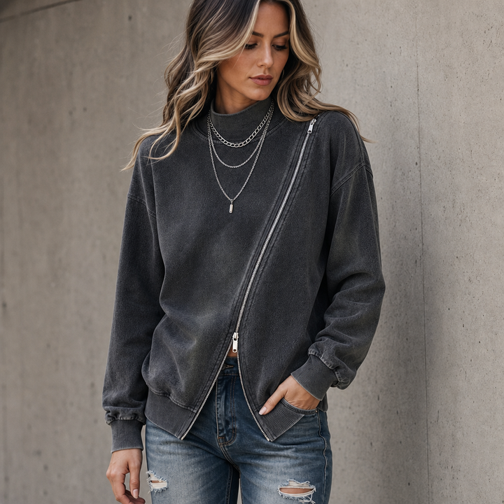 Slantwick – Diagonal Zip Drop-Shoulder Sweatshirt Jacket