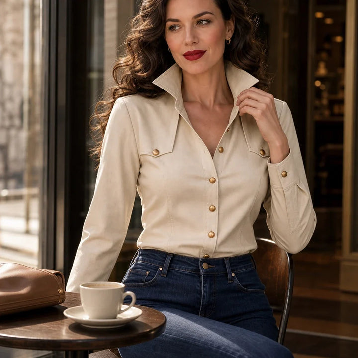 Veloura – Gold-Button Suede-Look Stretch Blouse
