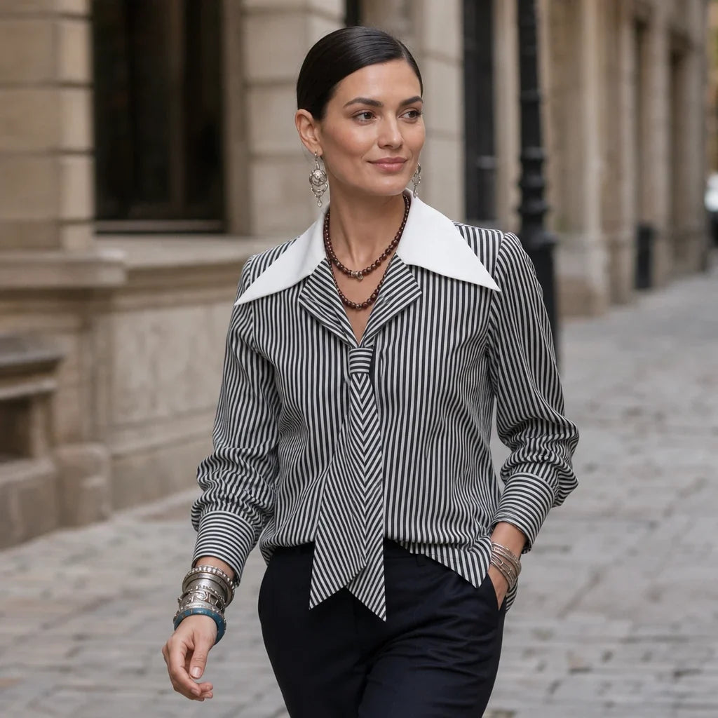 Overa – Black And White Striped Tie-Neck Blouse
