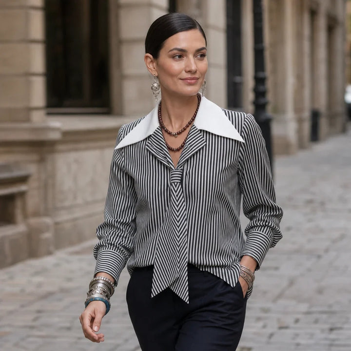 Overa – Black And White Striped Tie-Neck Blouse