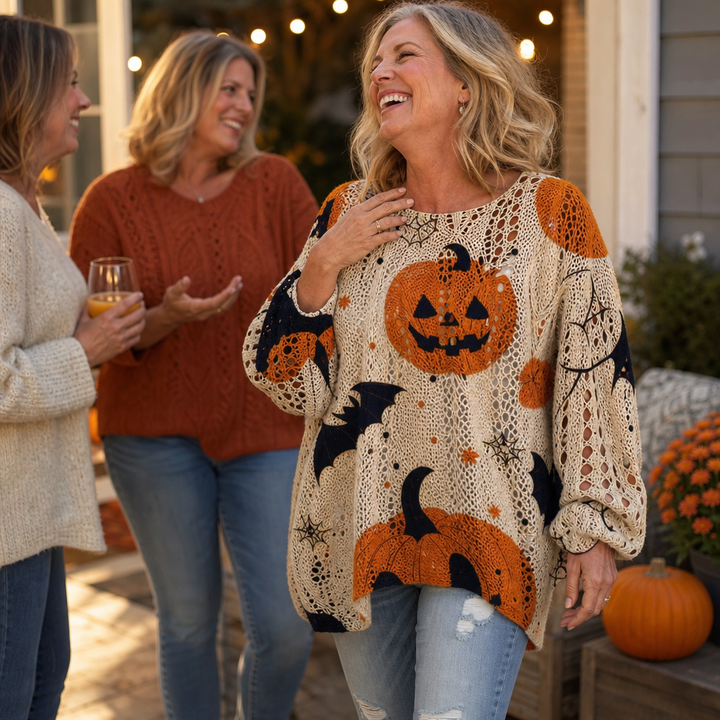 Harvestknit – Pumpkin And Bat Intarsia Knit Sweater