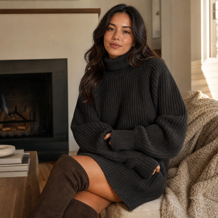Cozyelle – Ribbed Raglan High-Neck Sweater Dress