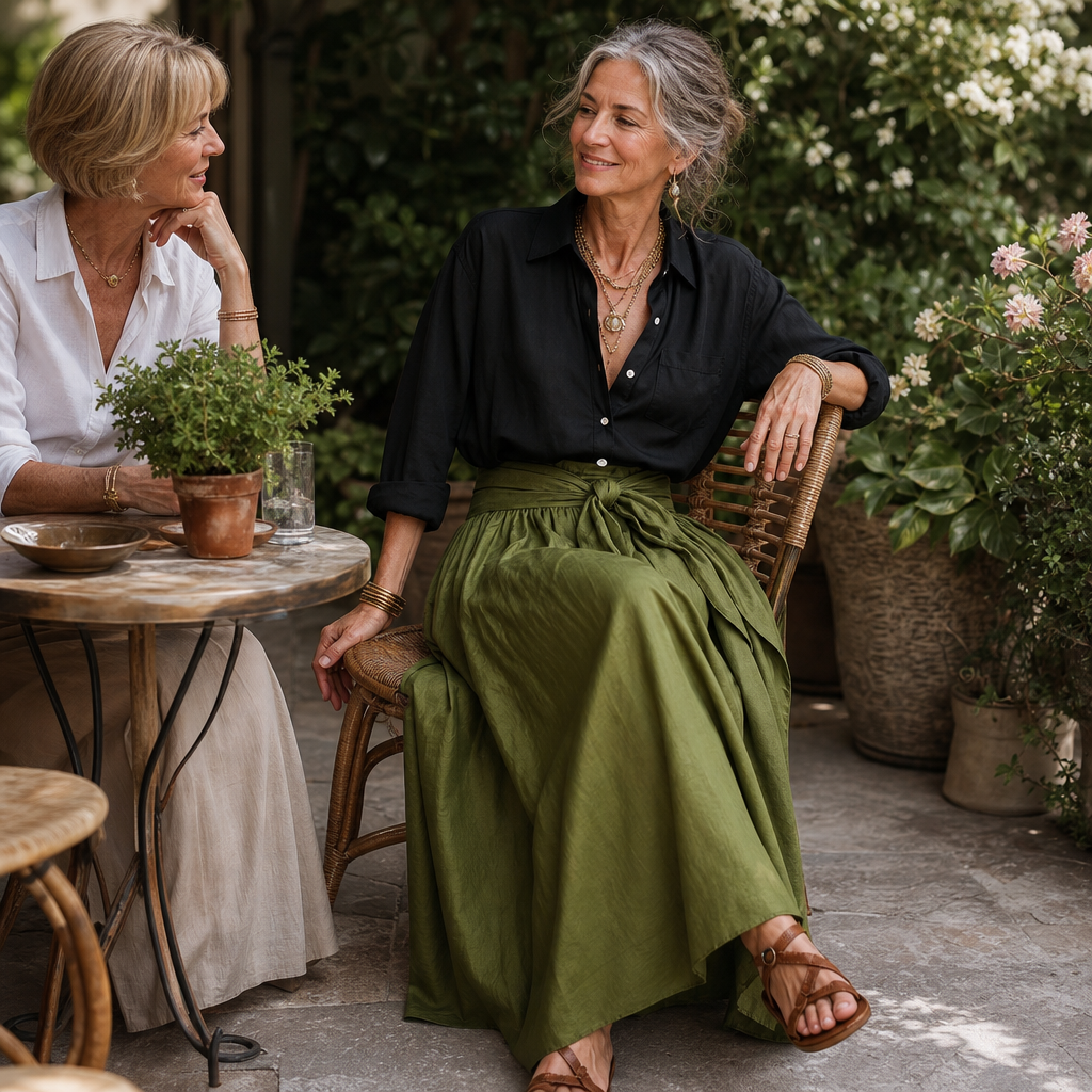 Olive & Onyx – Button Shirt And Tie-Waist Midi Skirt Set
