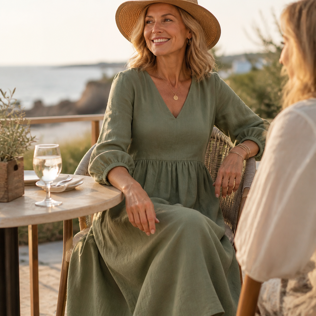 Linenova – Pleated V-Neck Cotton-Linen Look Maxi Dress
