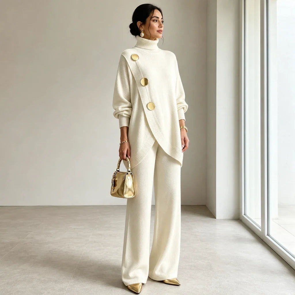 Mackenzie – Gold-Button Asymmetric Knit Two-Piece Set