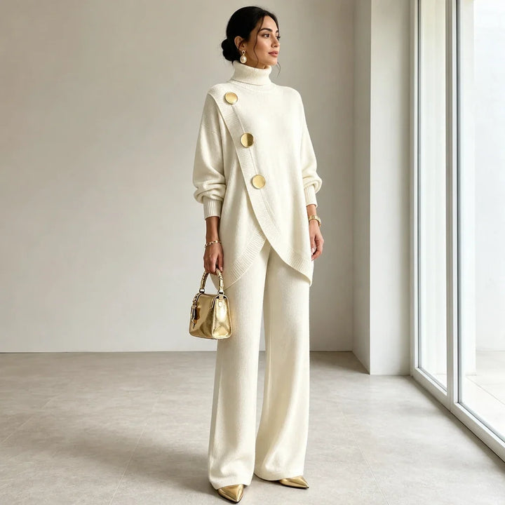 Mackenzie – Gold-Button Asymmetric Knit Two-Piece Set