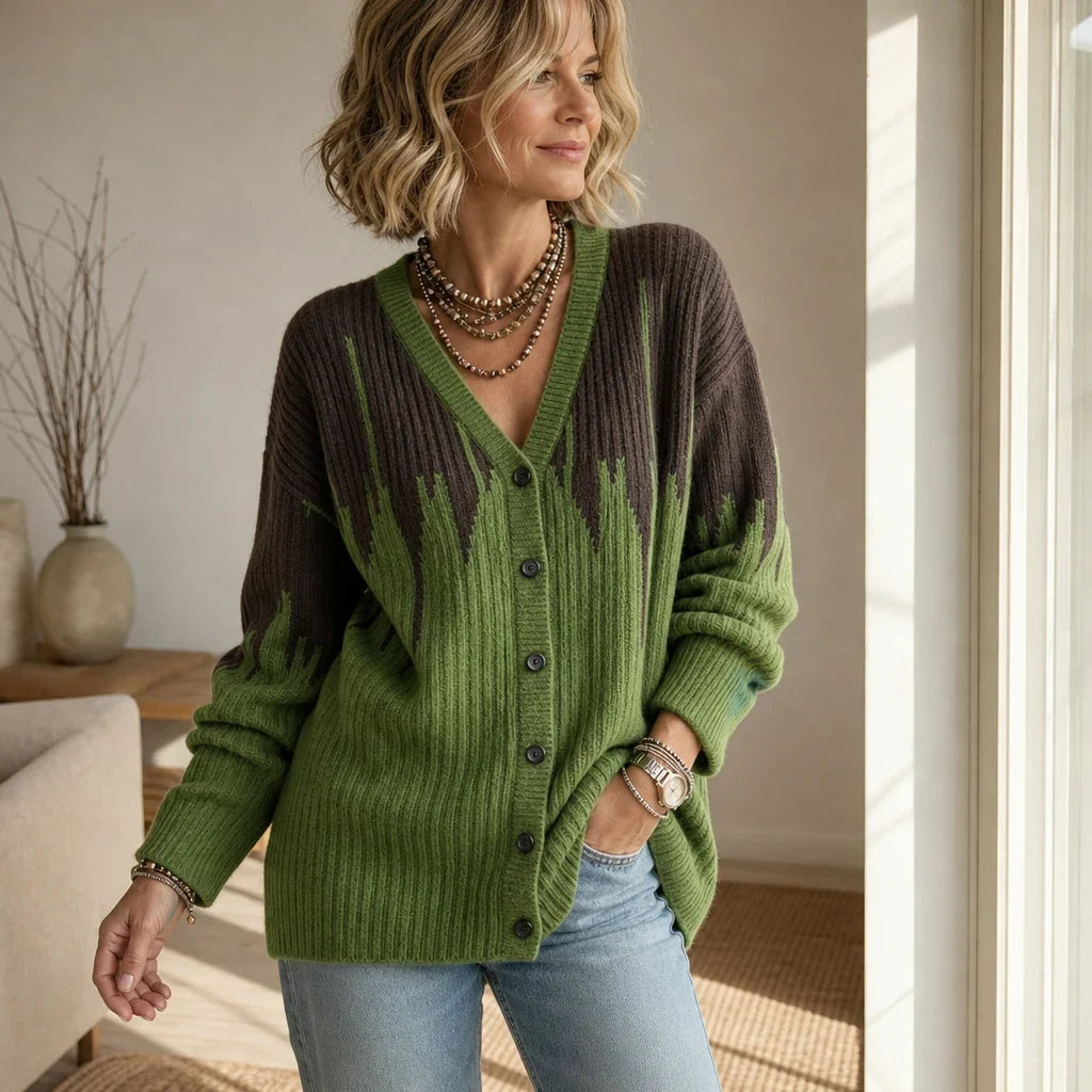 Verdant Brush Cardigan – Gradient Brushstroke Ribbed Knit Cardigan