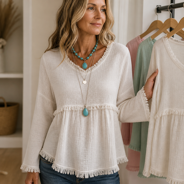 Wearbella – Fringe Trim V-Neck Long Sleeve Top