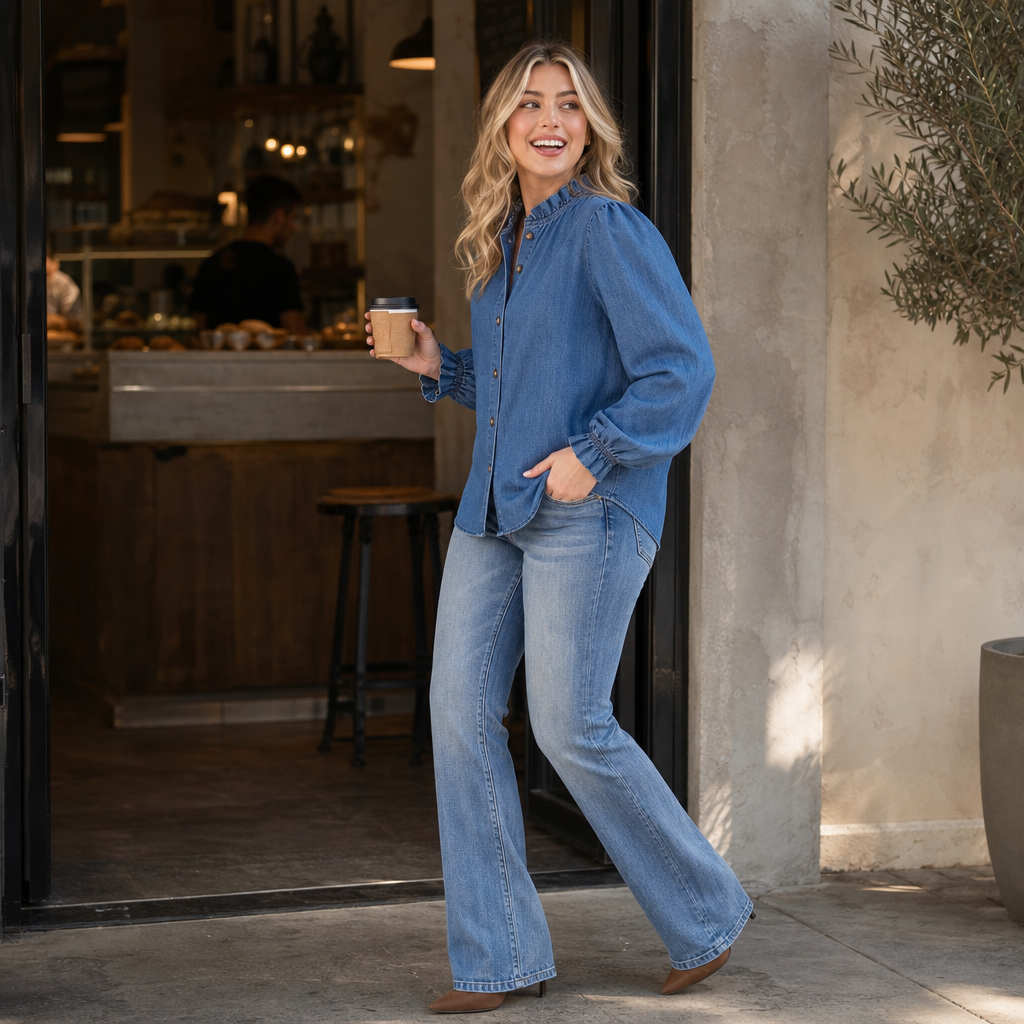Wearbella – Ruffled Mock-Neck Blouson Sleeve Denim-Look Blouse
