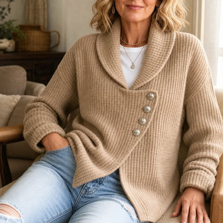 Cozelle – Asymmetric Open-Front Knit Cardigan