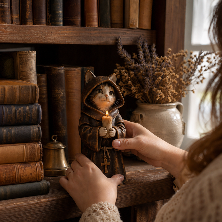 Courtly Cats – Candle-Holding Cat Monk Figurine