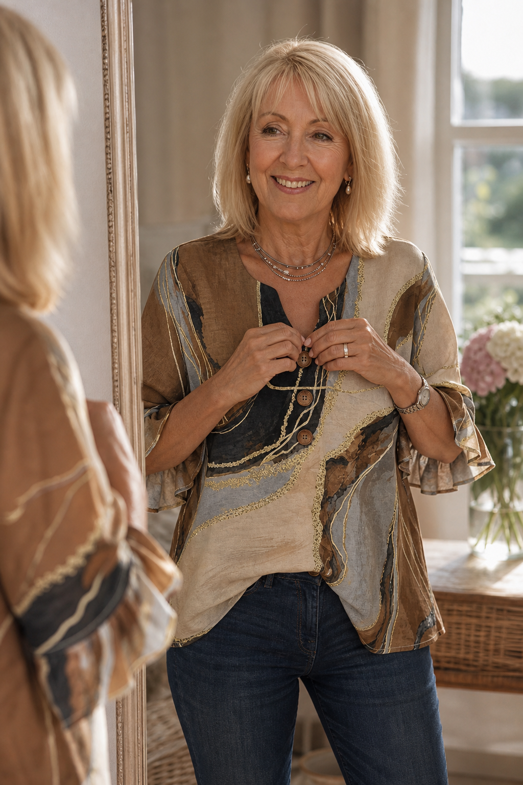 Ombralyn – Ombre V-Neck Mid-Sleeve Button-Front Blouse