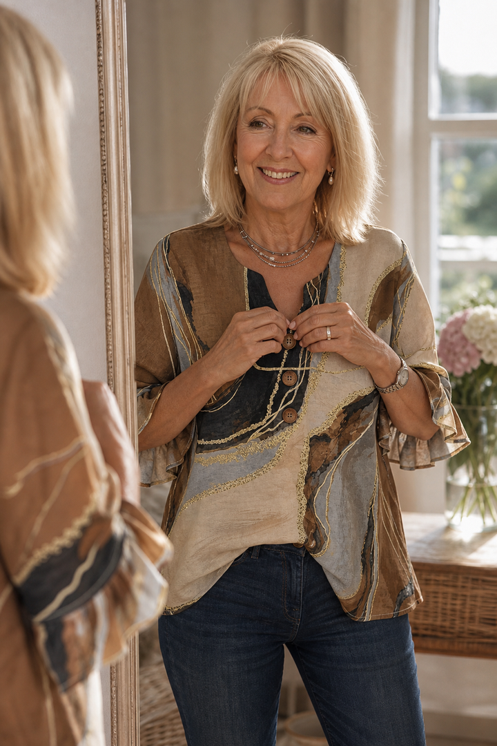 Ombralyn – Ombre V-Neck Mid-Sleeve Button-Front Blouse