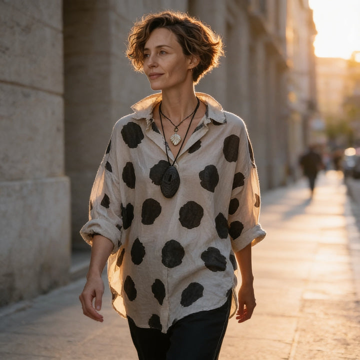 Marelle – Polka Dot Cotton-Linen V-Neck Blouse