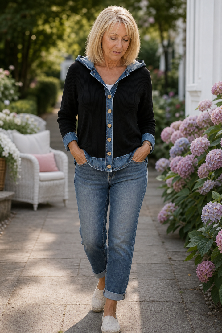 Layerlore – Denim-Look Patchwork Hooded Cardigan