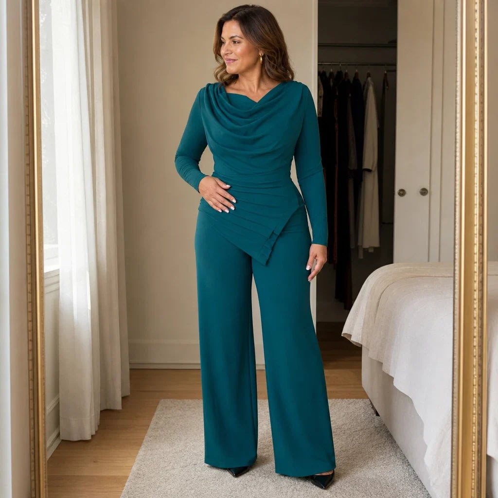 Cowl & Flow – Draped Cowl-Neck Top And Wide-Leg Pants Set
