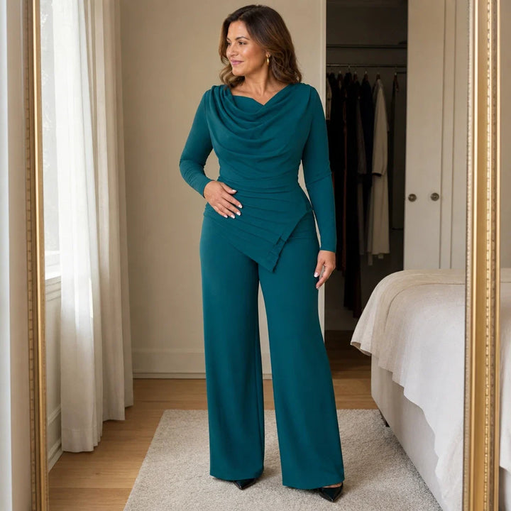 Cowl & Flow – Draped Cowl-Neck Top And Wide-Leg Pants Set