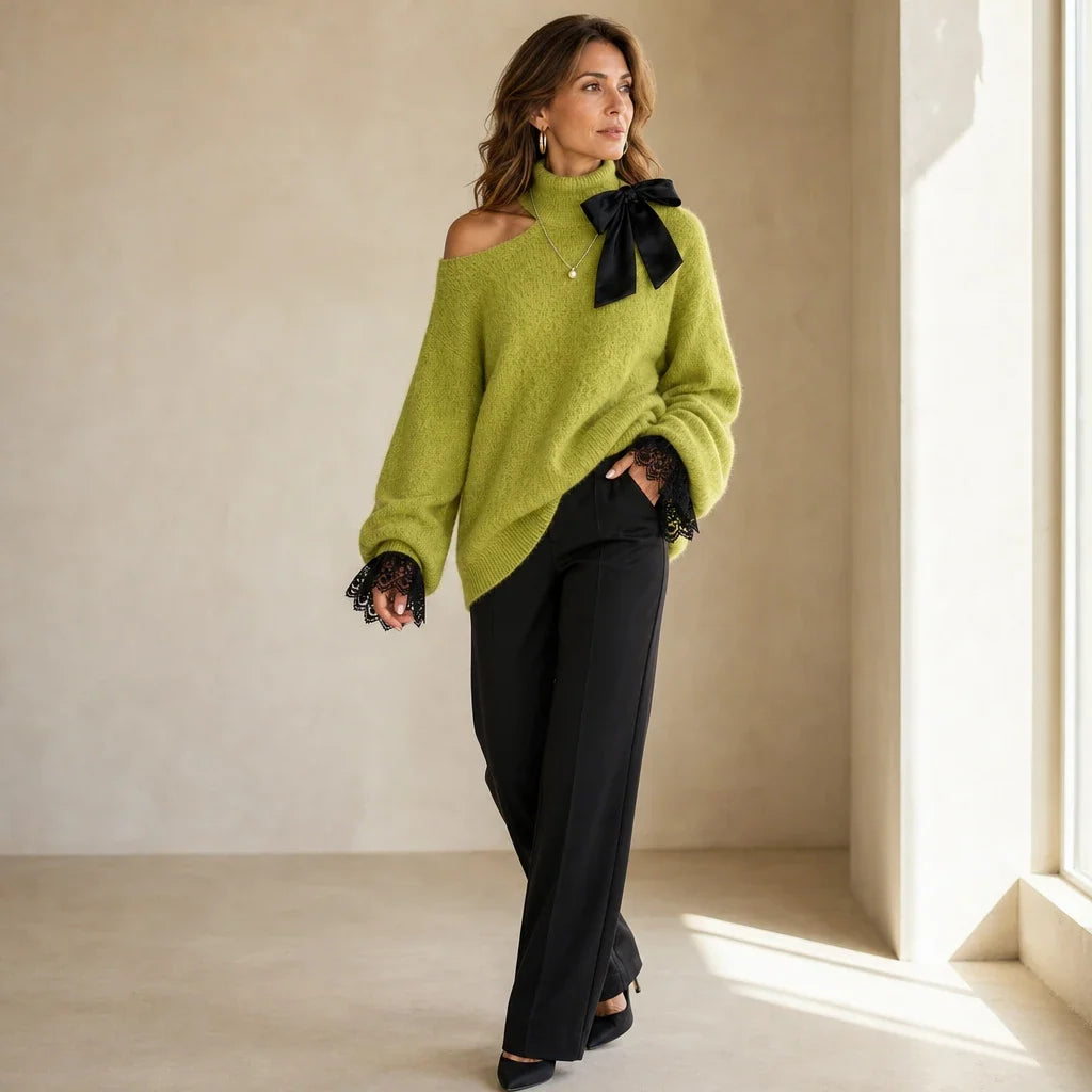 Wearbella – Bow Lace Patchwork Cold-Shoulder Sweater